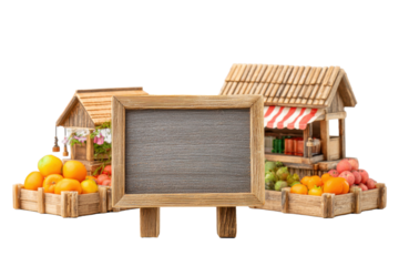 Wooden Market Stall Display with Blank Chalkboard Sign