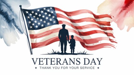Watercolor Illustration of Father and Son Silhouette in Front of American Flag for Veterans Day on White Background
