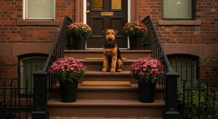 Fototapeta premium mini airedale terrier - A charming Airedale Terrier sits proudly on the steps of a brick townhouse, flanked by vibrant pink flower pots, creating a warm and inviting atmosphere