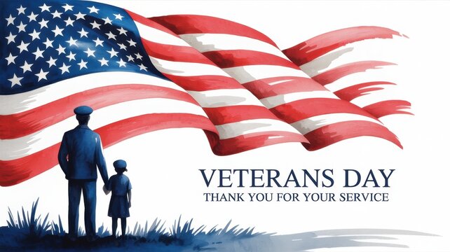 A heartwarming veterans day scene featuring a father and child with the american flag, expressing gratitude for service - Powered by Adobe