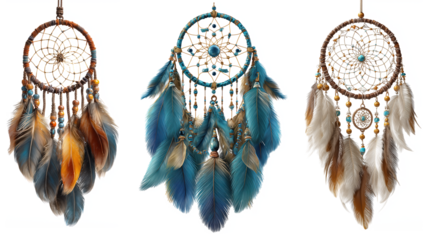 Three Beautiful Dreamcatchers with Colorful Feathers and Beads isolated on transparent background