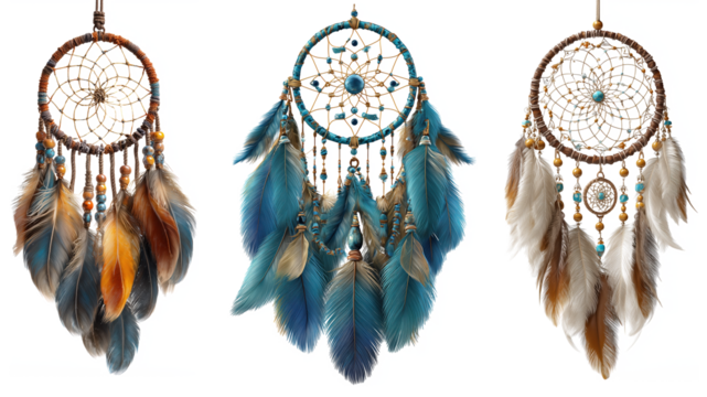 Three Beautiful Dreamcatchers with Colorful Feathers and Beads isolated on transparent background