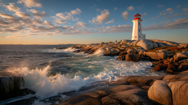 A white lighthouse with a red top stands on rocky coastline as waves crash against the shore under a blue sky with scattered clouds. - Powered by Adobe