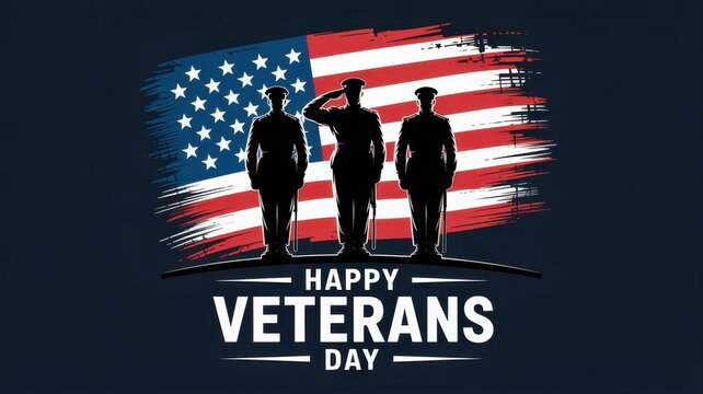 Happy veterans day illustration featuring soldiers saluting against an american flag, honoring military veterans for their service and sacrifice