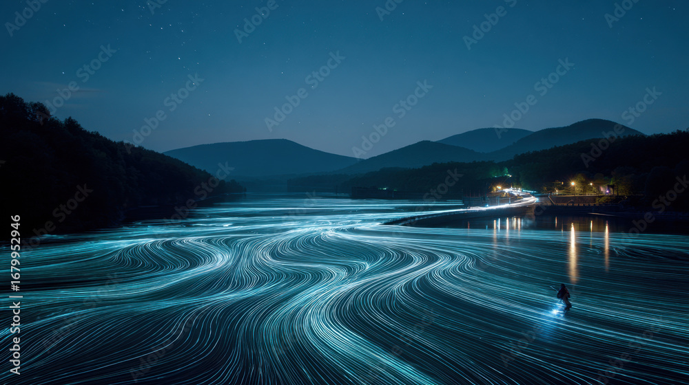 Wall mural serene night scene captures river illuminated by flowing light trails, creating mesmerizing pattern 