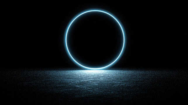 Glowing blue circle illuminates dark background, creating striking contrast. light reflects subtly on surface, enhancing ethereal atmosphere