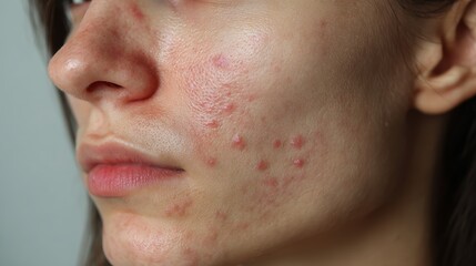 Fototapeta premium acne on woman face with rash skin, scar, and red skin syndrome allergic to cosmetics, use steroids, dermatology, inflammation, infection, hygiene