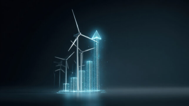 Futuristic representation of renewable energy, featuring wind turbines and rising graph symbolizing growth in sustainable technology. scene conveys innovation and progress in energy solutions