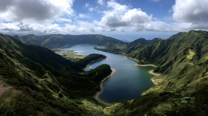 Obraz premium Panoramic view of a serene lake nestled within lush green volcanic crater mountains under a partly cloudy sky.