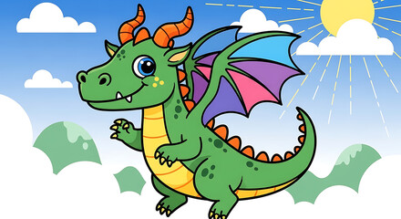 A friendly green baby dragon with colorful wings flying happily in a sunny sky above the clouds.