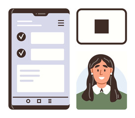 Smartphone screen with checklist interface, user portrait, and QR code for digital identity. Ideal for technology, communication, app design, identity validation, access control, digital workflows