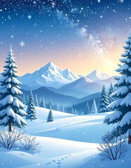 A picturesque winter landscape with snow-covered mountains, evergreen trees, and a starry night sky.