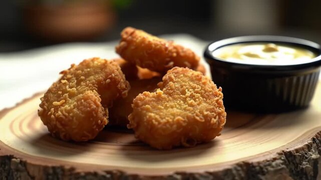 Crispy fried chicken nuggets on a wooden plate next to a bowl of delicious honey mustard sauce, ready to eat, perfect for a fast food menu or snack presentation