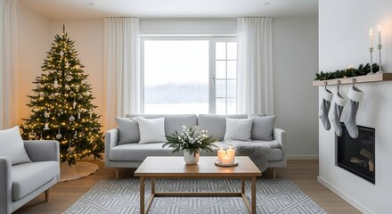 Fototapeta premium Cozy Scandinavian Living Room Decorated for Christmas Holidays