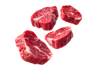 Levitating chunks of raw, diced chuck eye roll, showing off its premium, ribeye-like marbling. A dynamic shot perfect for skewers or diced steak.