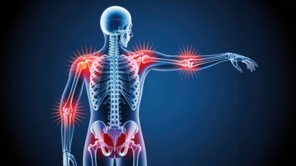 Human skeleton with highlighted joints affected by arthritis, showing pain and inflammation in a medical illustration on blue background
