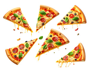 Pizza slices radiating from center, dripping with melted cheese