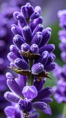 A close-up view of a vibrant lavender flower spike, showcasing its intricate details and deep purple hue.