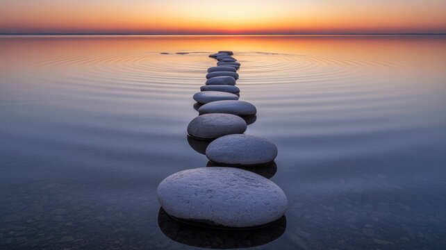 Tranquil scene of zen stones leading into the calm sea at sunset, creating a path of balance and harmony for meditation