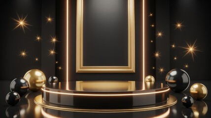 Fototapeta premium Elegant black and gold podium with sparkling stars and a frame, perfect for showcasing products or presentations with a touch of luxury