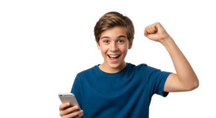 Excited teenage boy with smartphone celebrating success isolated on transparent background isolated background