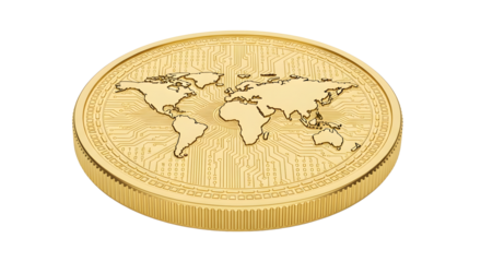 Gold coin with world map engraving isolated on transparent background isolated background