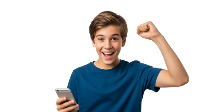 Excited teenage boy with smartphone celebrating success isolated on transparent background isolated background