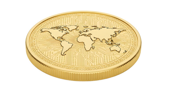Gold coin with world map engraving isolated on transparent background isolated background