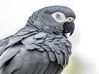 Fototapeta premium Exotic Gray Parrot Close-Up Portrait: A Captivating Insight into Wildlife and Pet Care