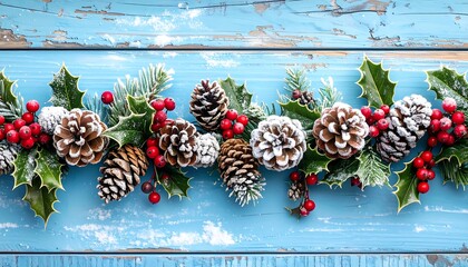 A festive garland of holly, pine cones, and berries, dusted with snow, decorates a light blue wooden surface.