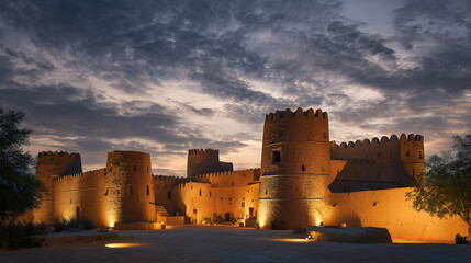 Illuminated desert fortress with towers and crenellations under a dramatic, cloudy evening sky.