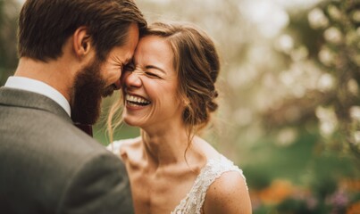 Obraz premium A joyful couple laughs, faces close together in a blossoming garden