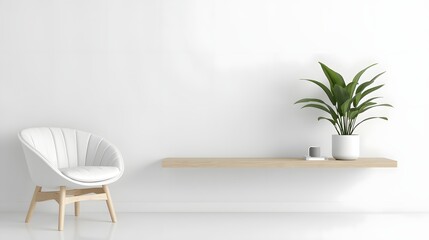 Minimalist modern interior with white chair, floating wooden shelf, and green potted plant against a clean white wall, contemporary home decor design concept