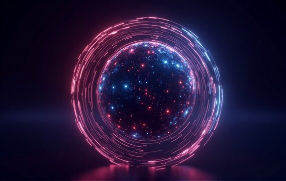 A glowing, futuristic orb pulsates with vibrant blue and red particles, encased by intricate, illuminated rings in a dark void. Digital cosmic energy.