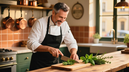 A smiling chef in a white shirt and black apron chops fresh herbs on a wooden cutting board in a well-lit kitchen.