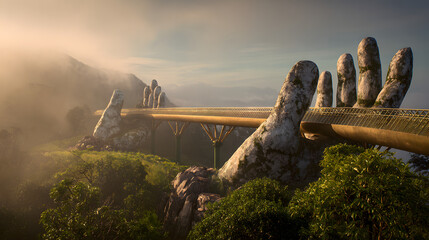 The iconic Golden Bridge in Vietnam, held by giant stone hands, spans a misty mountain landscape at sunrise.