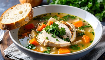 A bowl of hearty chicken soup, complete with vegetables and a slice of crusty bread, is presented in a warm and inviting style.