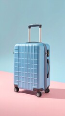 A light baby blue suitcase with textured panels sits on a pastel pink and light blue background.