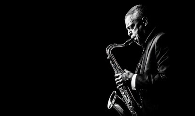 Naklejka premium Black and white portrait of a jazz musician playing saxophone
