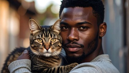 A man holds a tabby cat close, showcasing a warm and loving connection.