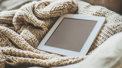 A white tablet rests on a beige knitted blanket, nestled on a plush surface; the screen is blank, suggesting relaxation or leisure