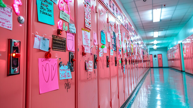 Pink School Hallway Lockers Decorated with Notes and Decorations