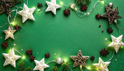 A festive arrangement of glowing stars, twinkling fairy lights, and fragrant spices creates a warm Christmas backdrop.