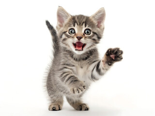 A playful tabby kitten standing on its hind legs with mouth open on a white background studio shot