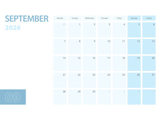 Calendar template for the September 2026, the week starts on Monday. The calendar is in a blue color scheme.