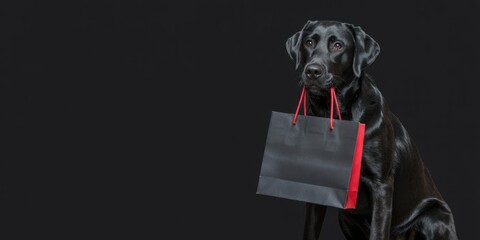 A sleek black labrador holds a shopping bag in its mouth against a dark background, showcasing a unique blend of elegance and charm