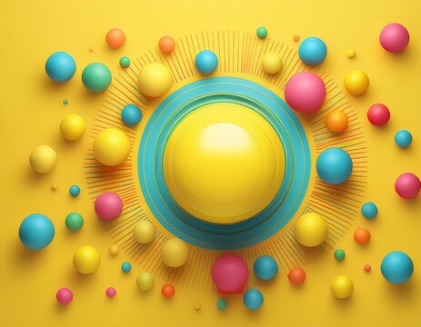 3d rendering of a yellow smiley face surrounded by colorful balls on a yellow background balls are arranged in a circle around the smiley face - Powered by Adobe