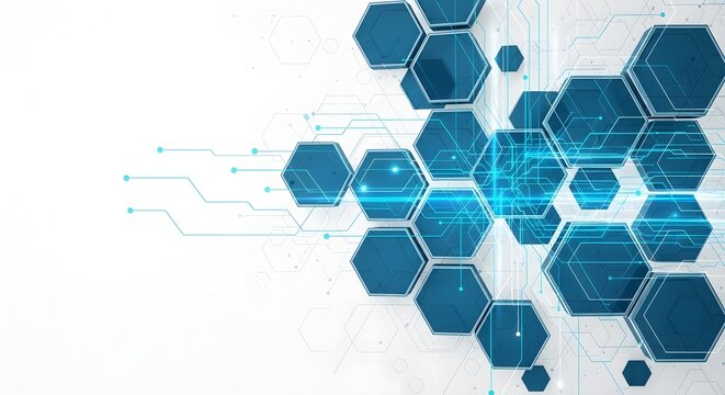 Abstract blue hexagonal pattern with digital circuit lines on a white background, representing technology and data connectivity
