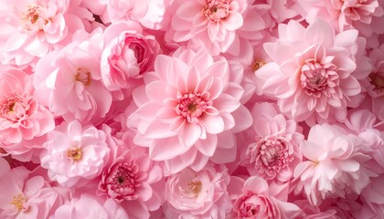 A close-up view of a beautiful arrangement of various shades of pale pink flowers, showcasing their delicate petals and intricate textures.