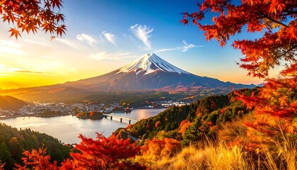 A breathtaking autumn vista showcases Mount Fuji, a vibrant lake, and colorful foliage.